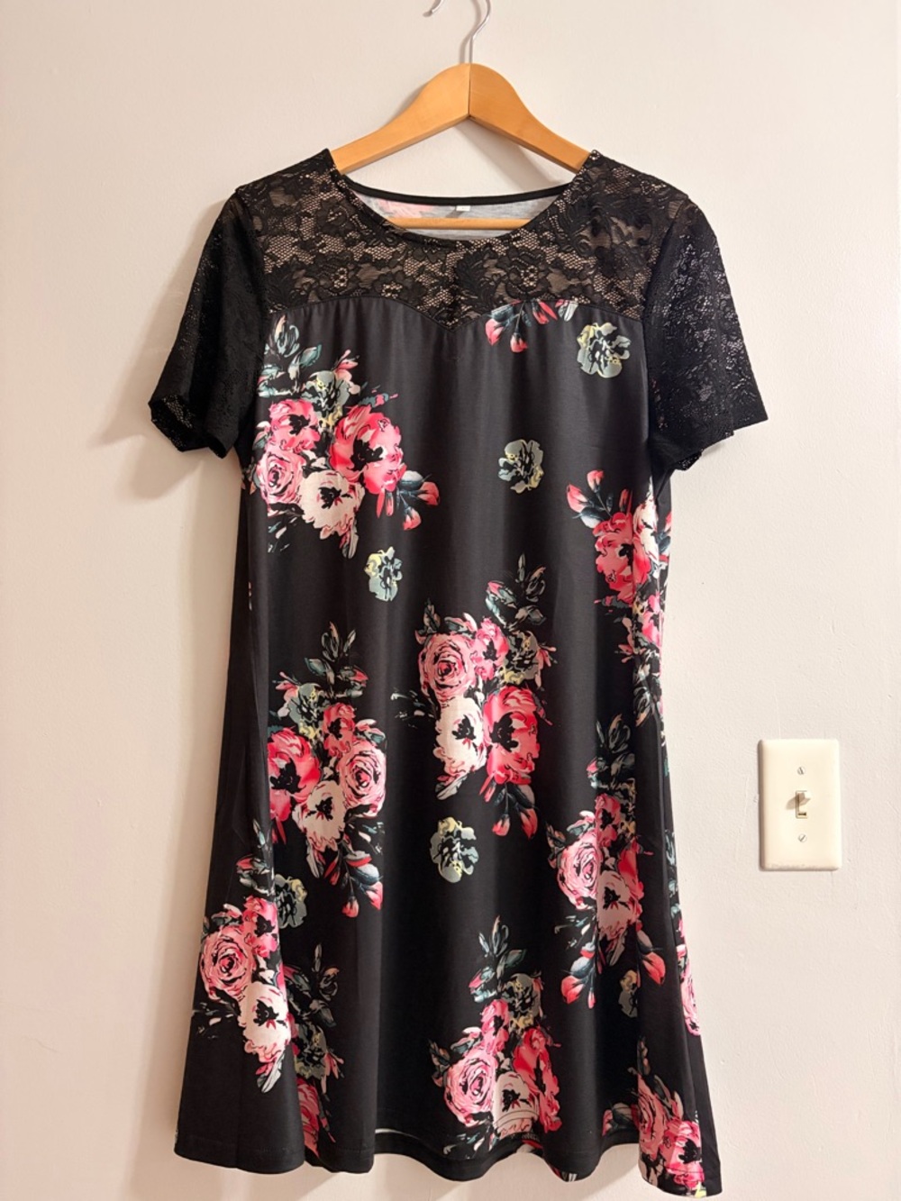 Black Floral Lace Yoke Swing Dress - Pink Rose Print